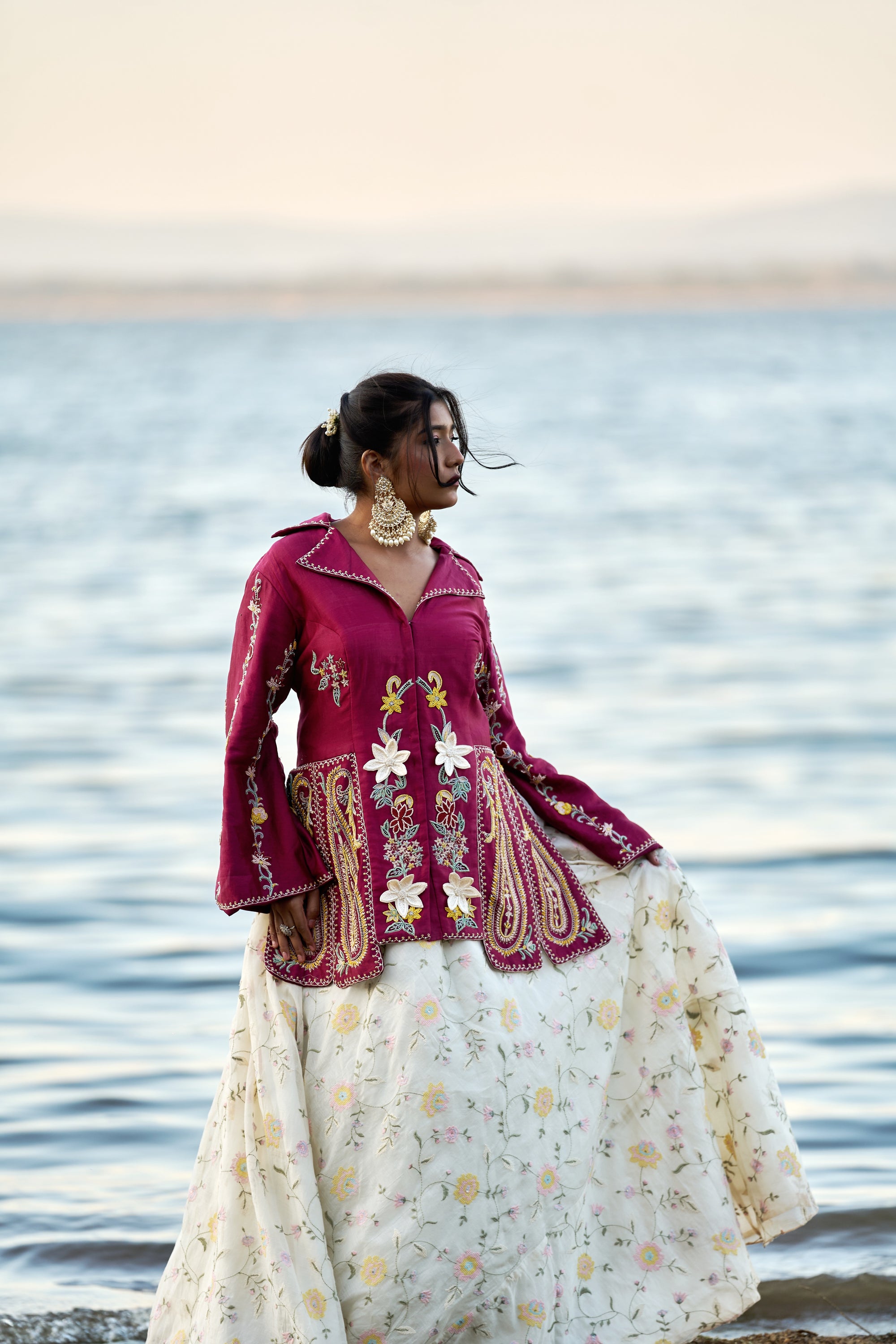 Red chanderi top with white chanderi lehenga set
