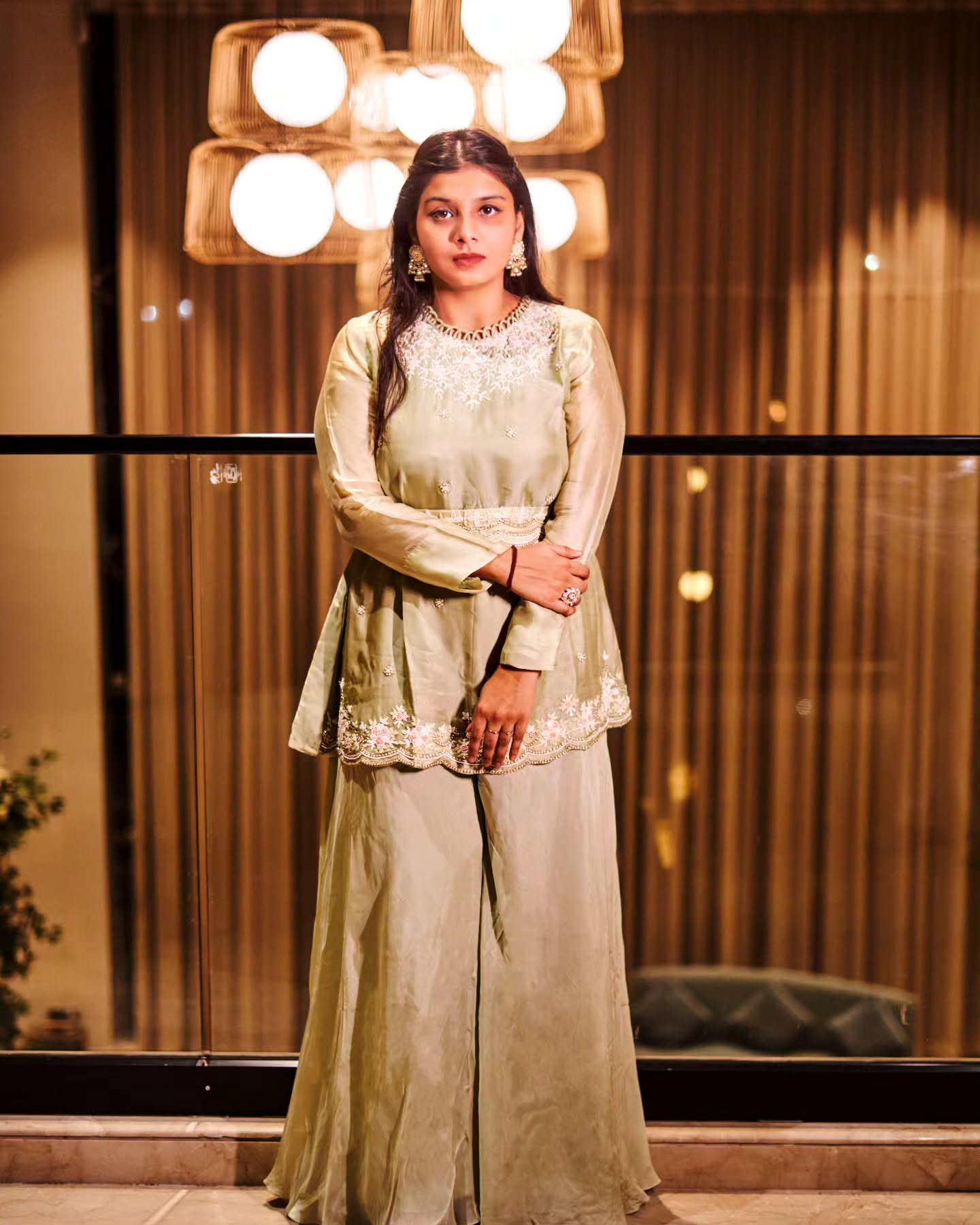 Pastel Green satin organza peplum with heavy satin lehenga pallazo