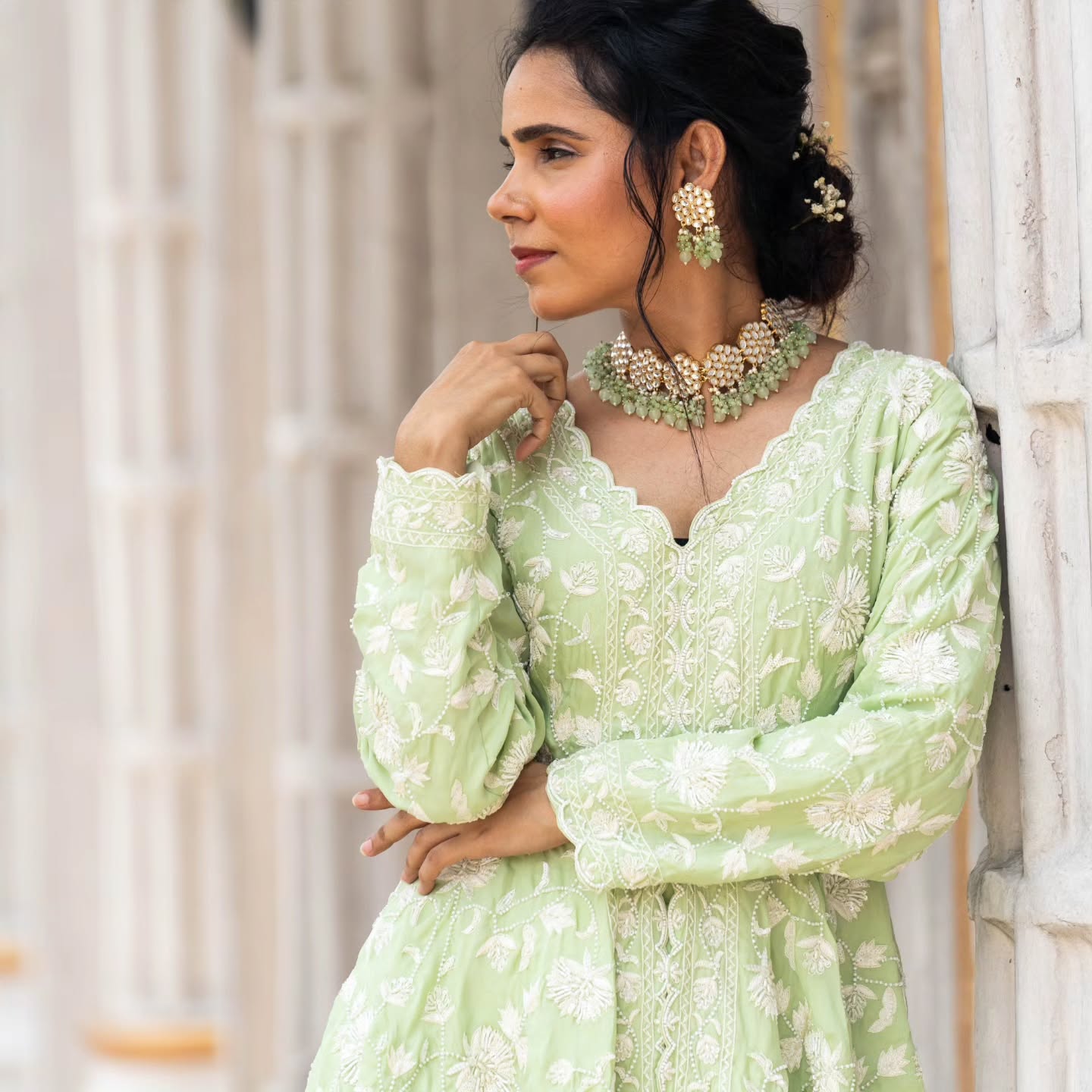 Green satin organza peplum with heavy satin lehenga pallazo