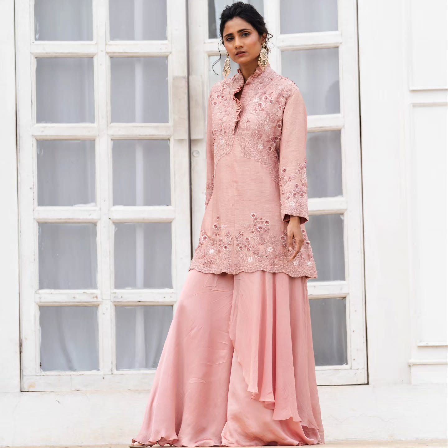 Soft pink dupien and heavy satin indowestern dress