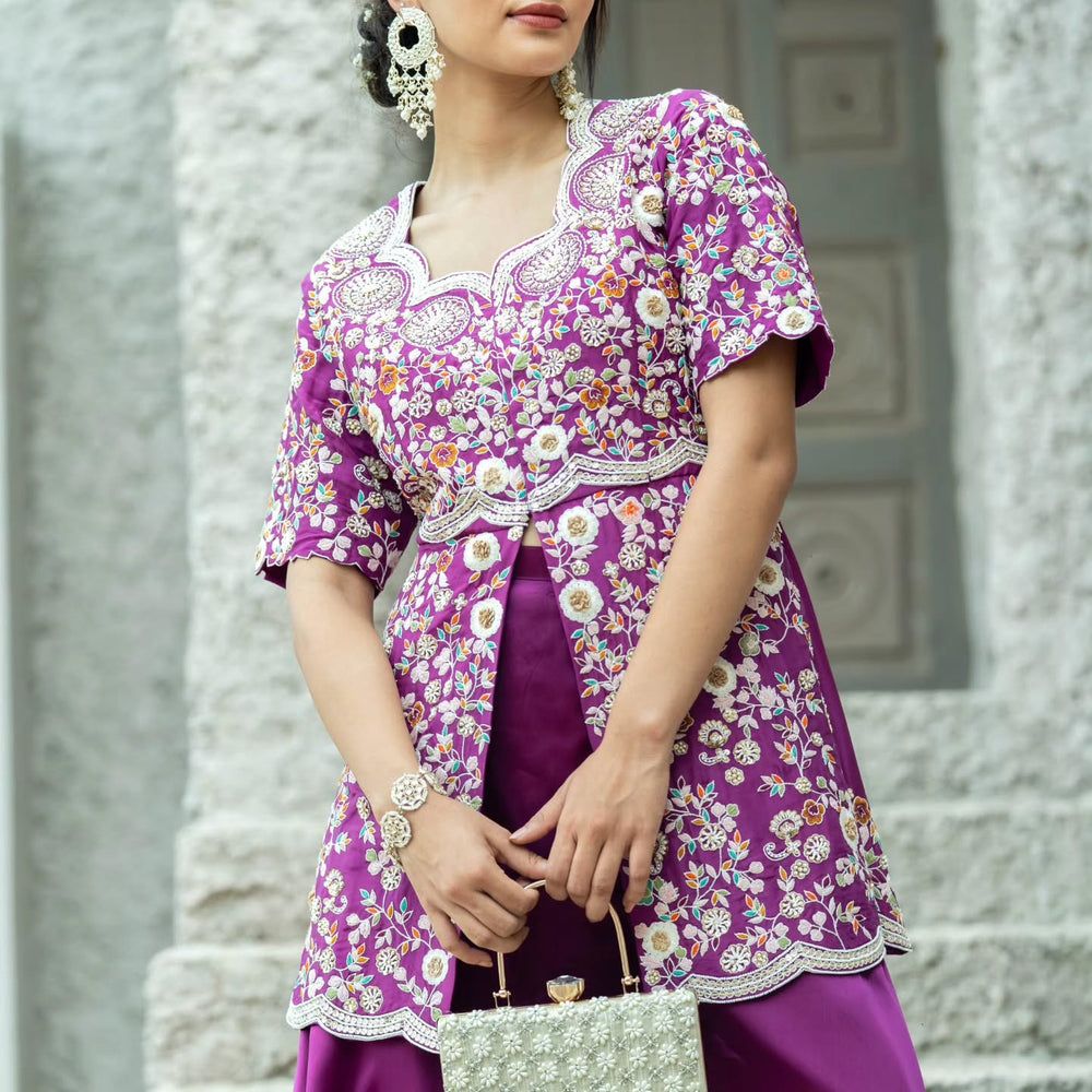 Purple satin upada silk peplum top with heavy satin lehenga pallazo