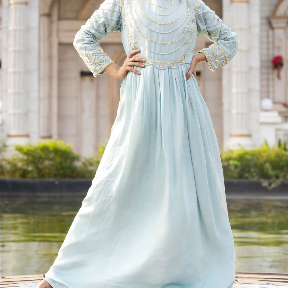 Blue upada silk and heavy satin gown