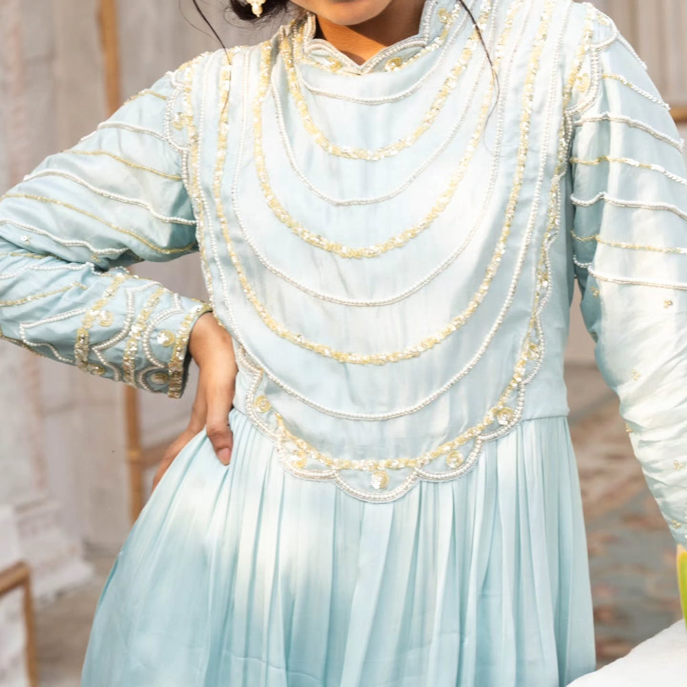 Blue upada silk and heavy satin gown