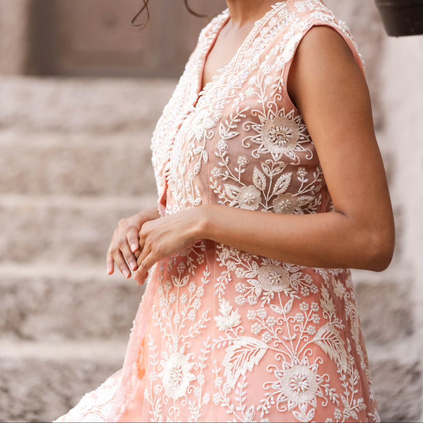 Peach taiwan net peplum top with flat chiffon lehenga pallazo
