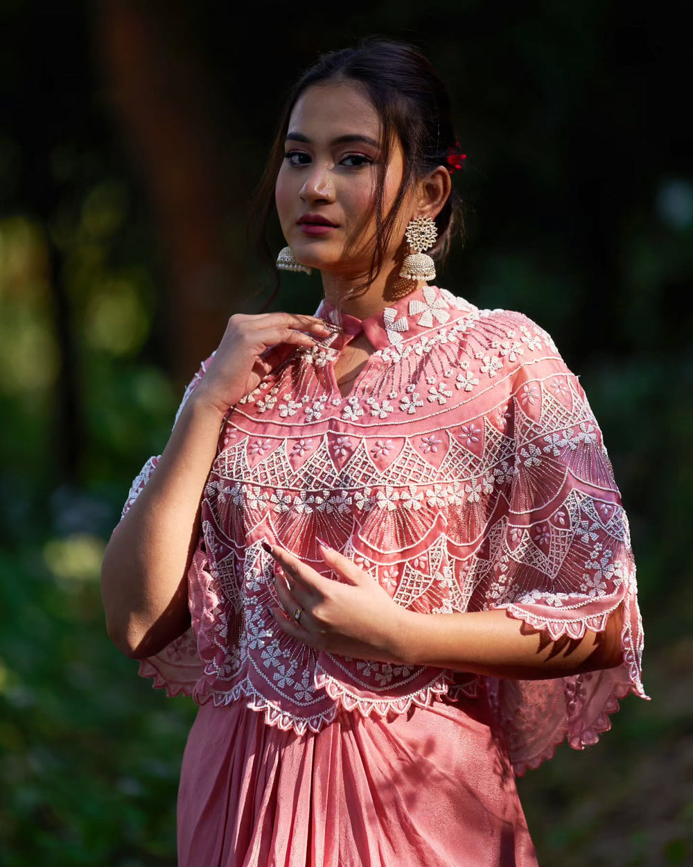 pastel pink cape top crepe geoegette with satin organza dhoti set