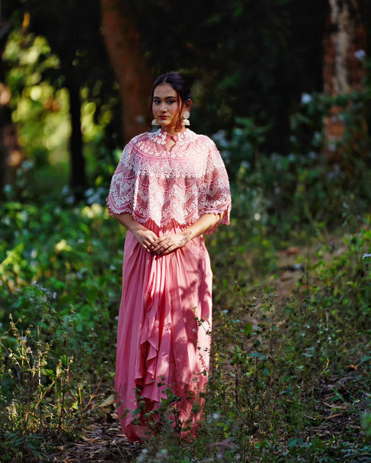 pastel pink cape top crepe geoegette with satin organza dhoti set