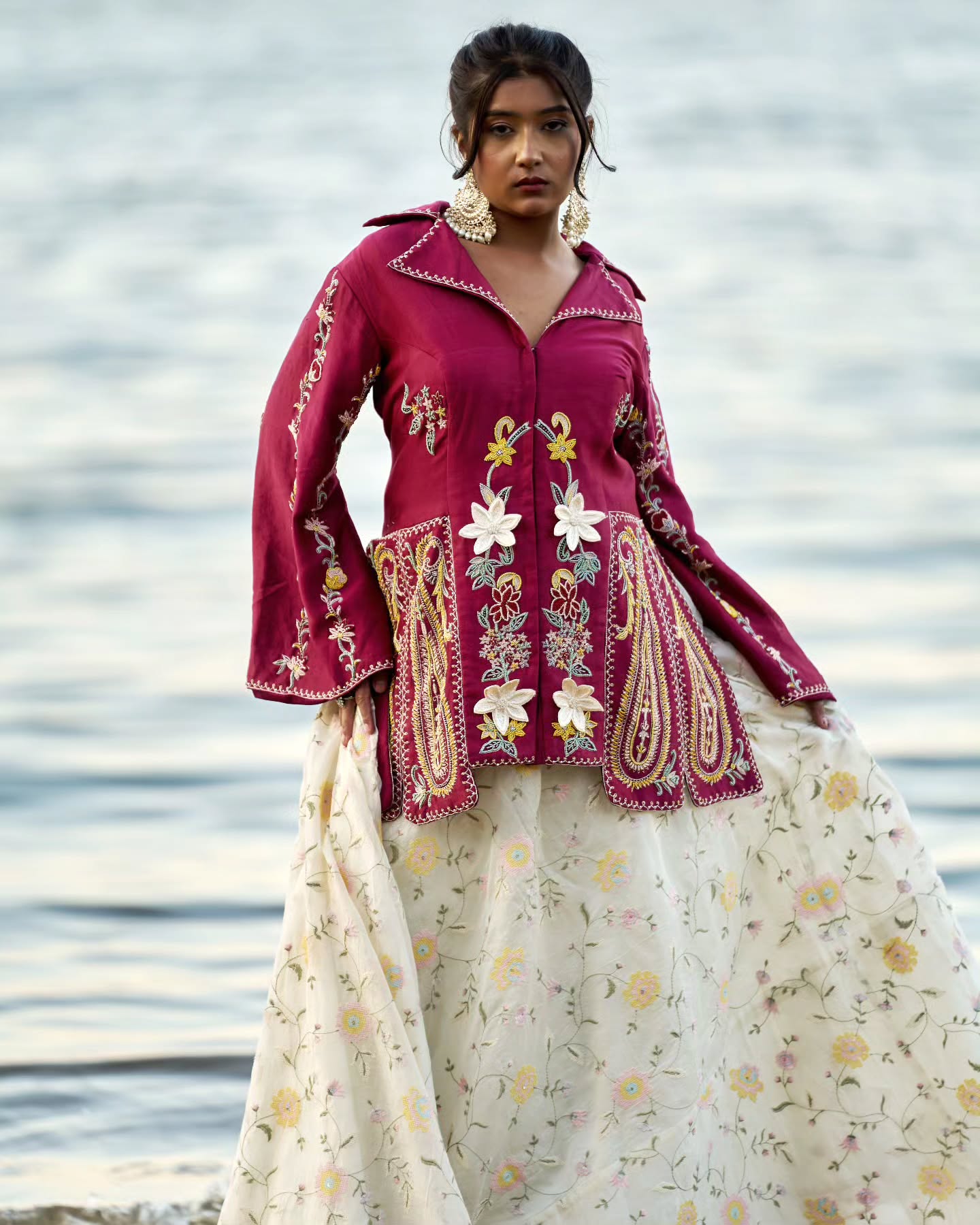 Red chanderi top with white chanderi lehenga set
