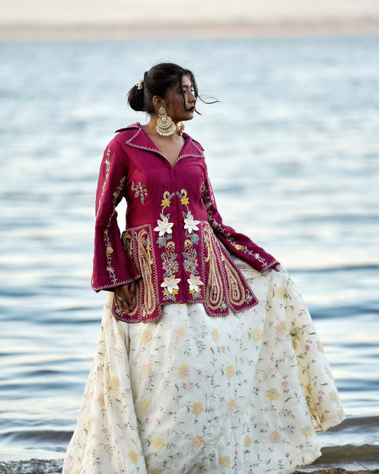 Red chanderi top with white chanderi lehenga set