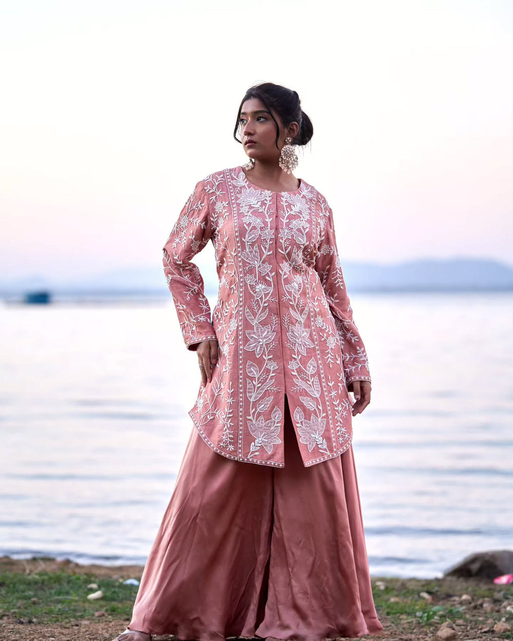 Caramel net peplum top with heavy satin lehenga pallazo