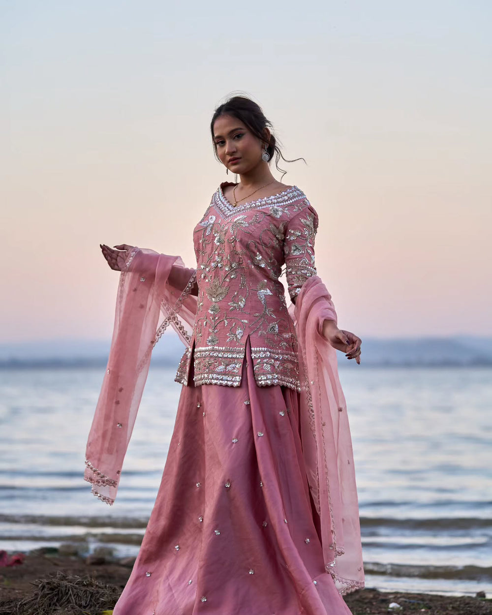 Pink dupien silk top with silk organza lehenga dupatta set
