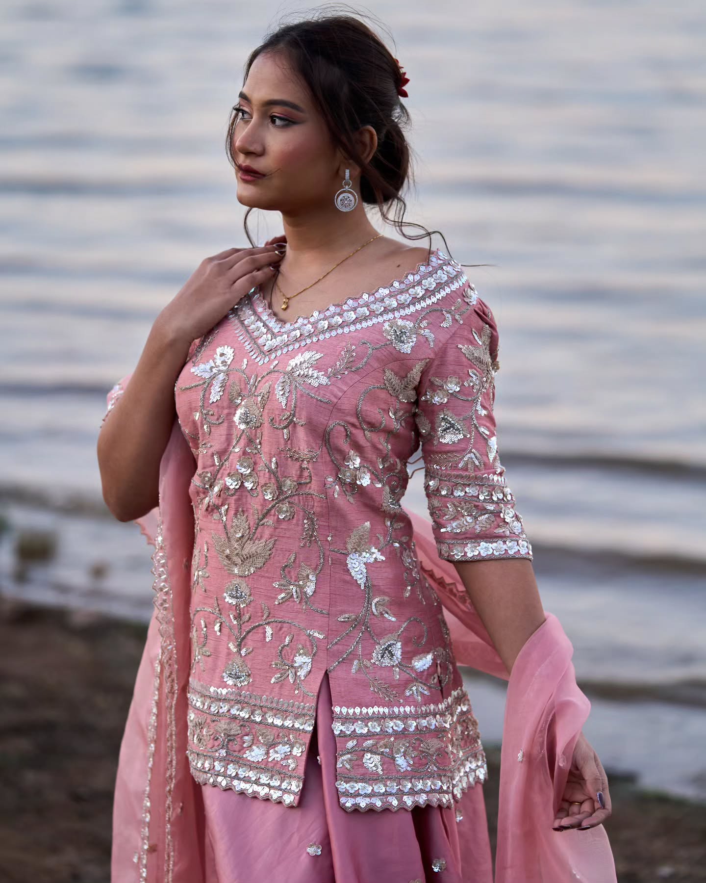 Pink dupien silk top with silk organza lehenga dupatta set