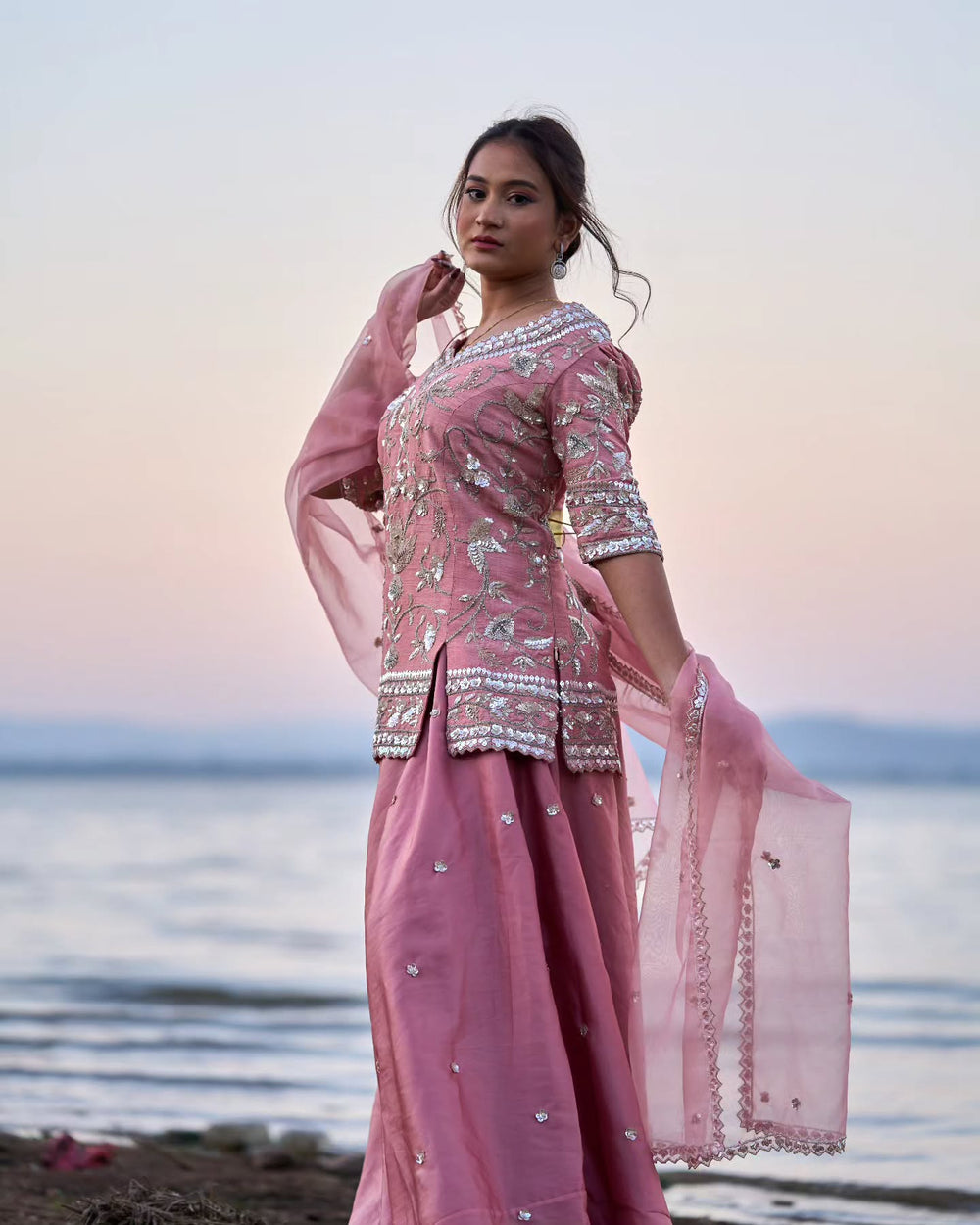 Pink dupien silk top with silk organza lehenga dupatta set