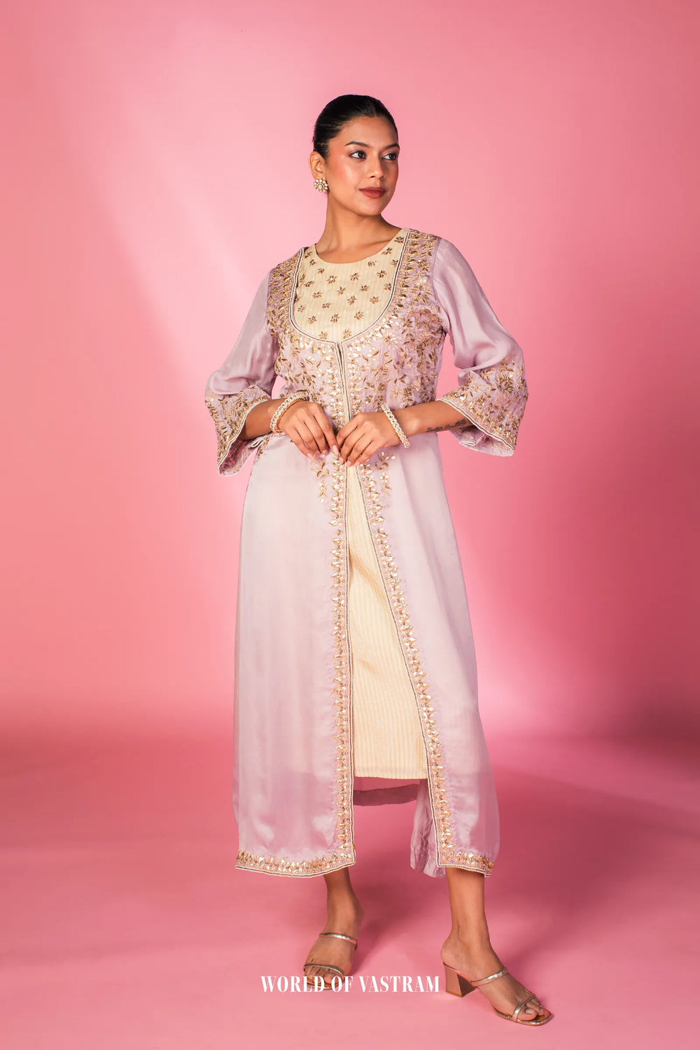 Embroidered Lilac Layered Kurta Set