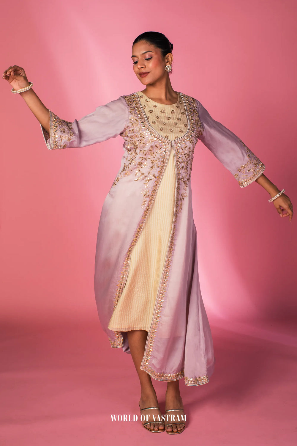 Embroidered Lilac Layered Kurta Set