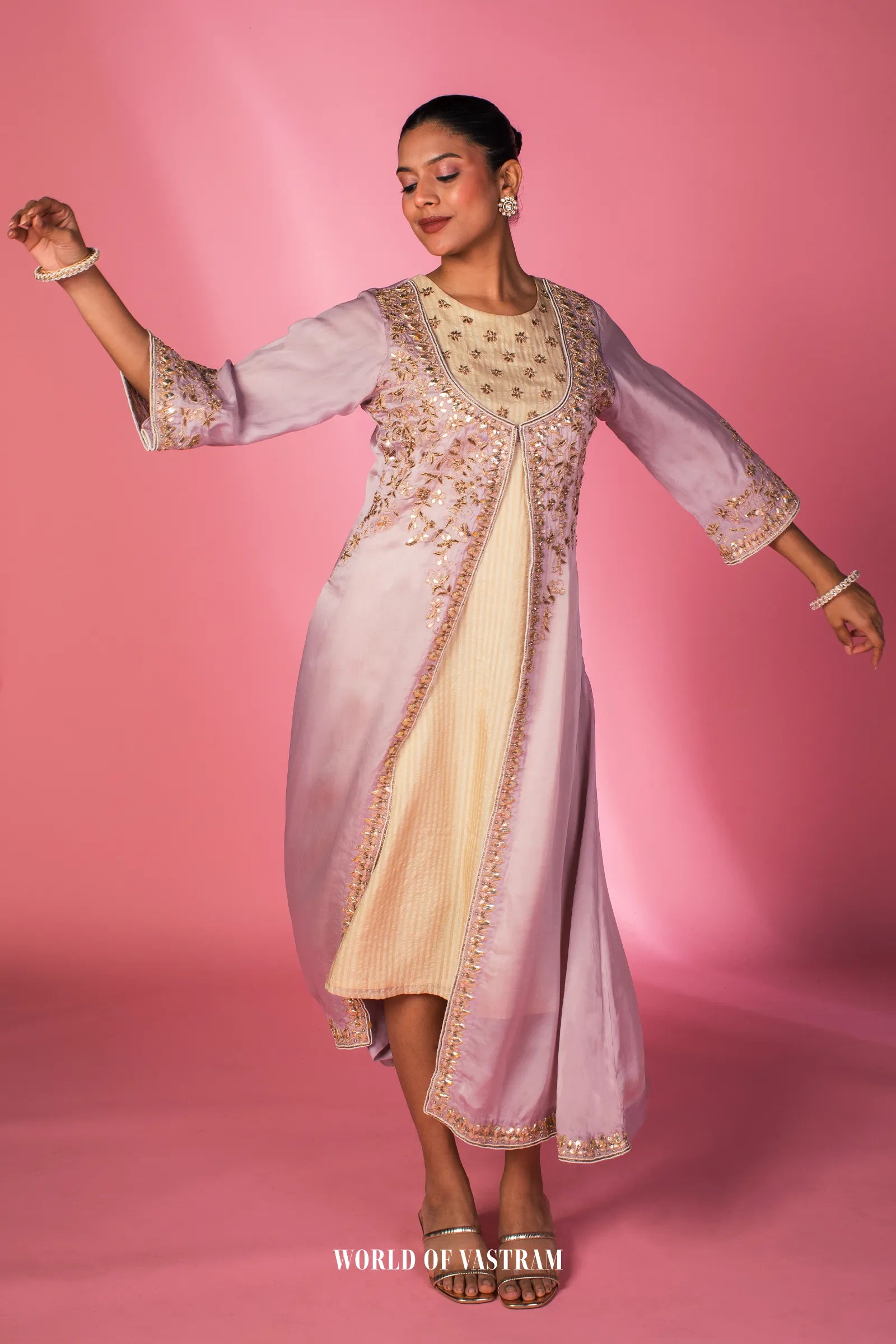 Embroidered Lilac Layered Kurta Set