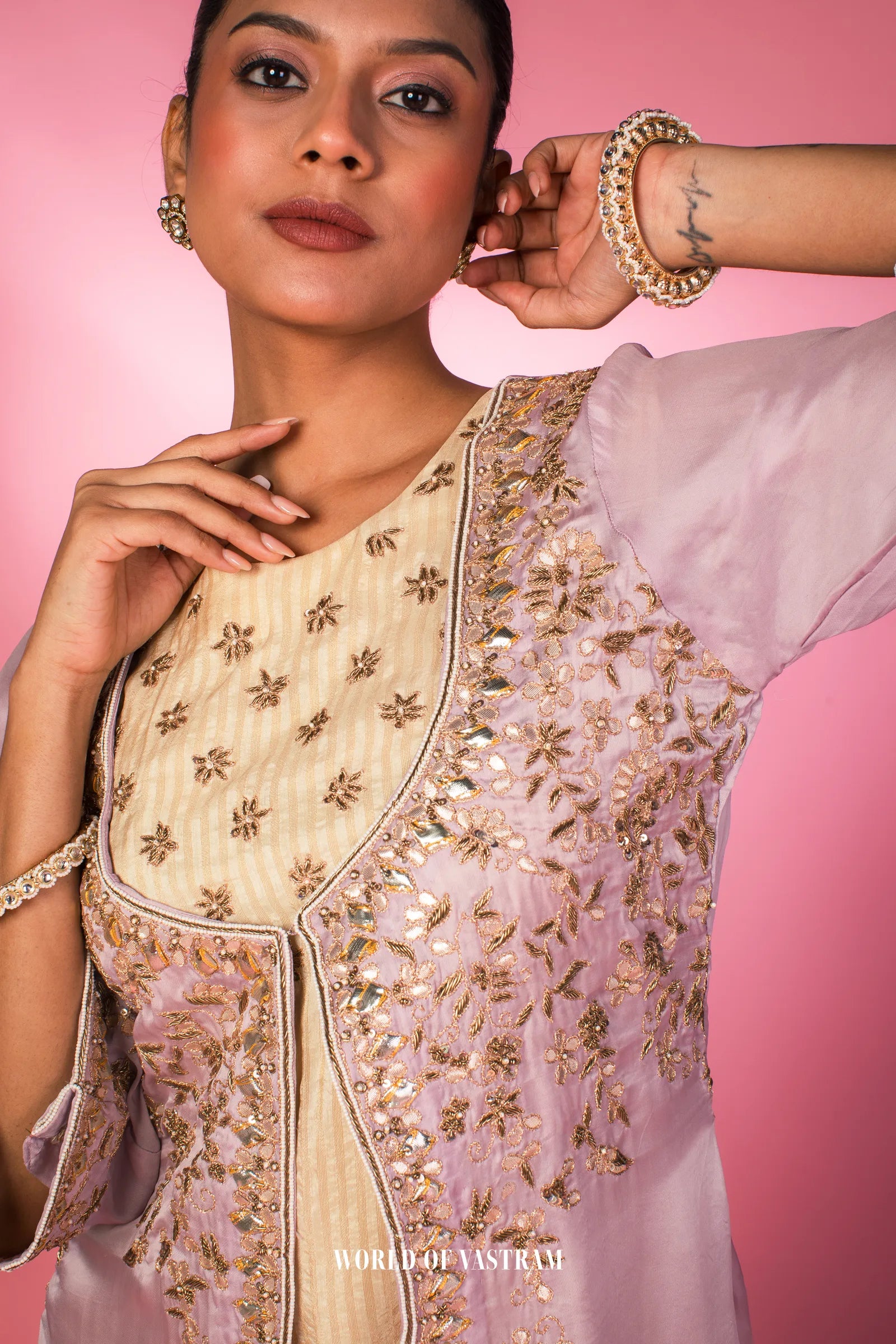 Embroidered Lilac Layered Kurta Set