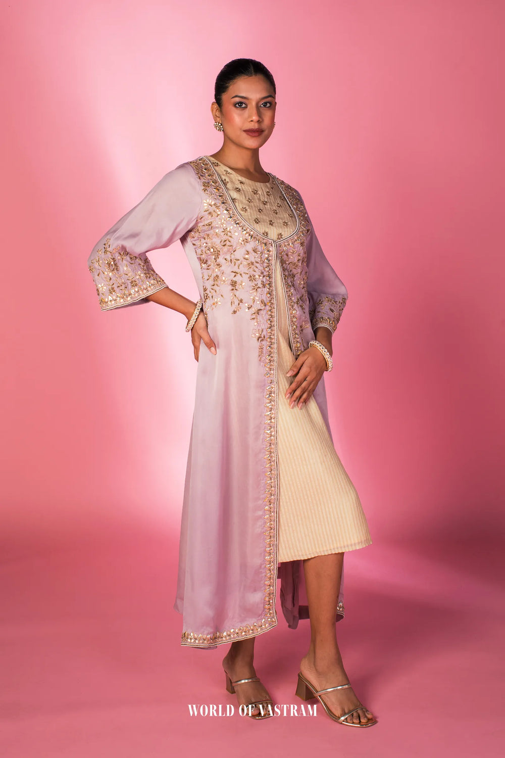 Embroidered Lilac Layered Kurta Set