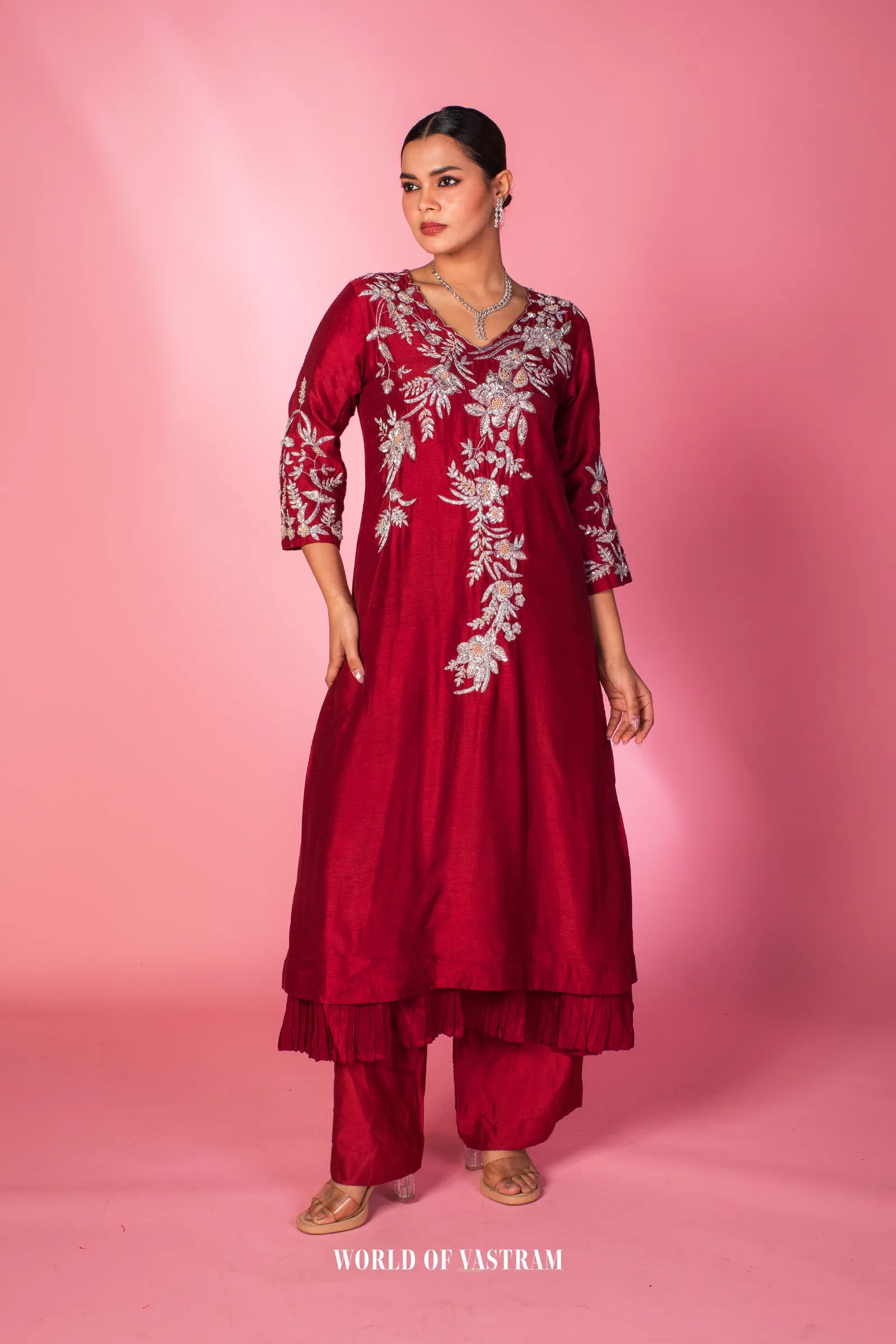 Red Blossom Embroidered Kurta Set
