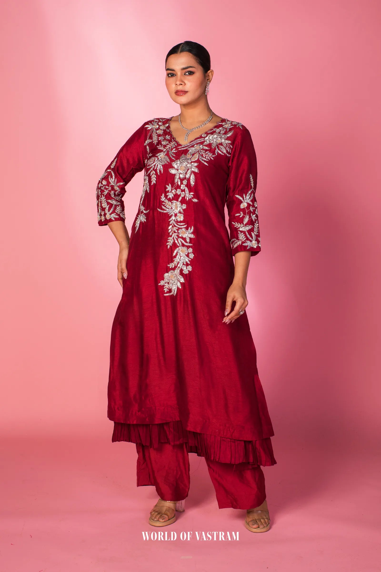Red Blossom Embroidered Kurta Set