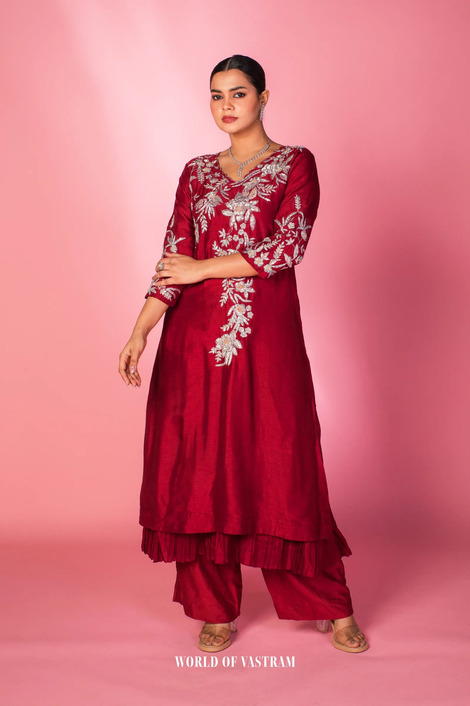 Red Blossom Embroidered Kurta Set