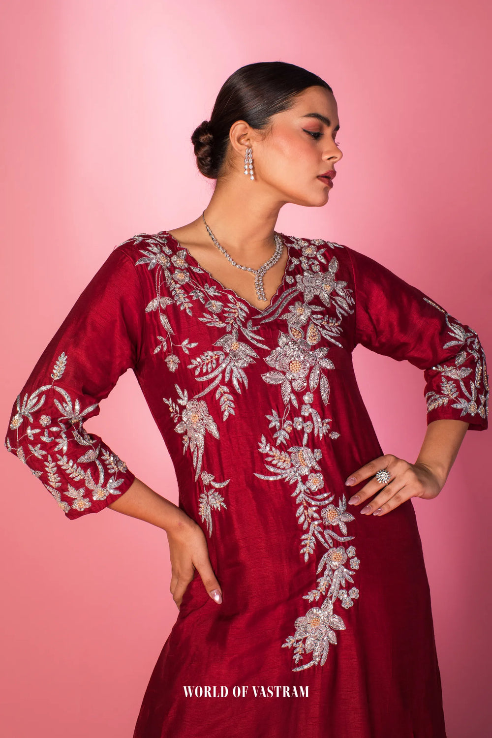 Red Blossom Embroidered Kurta Set