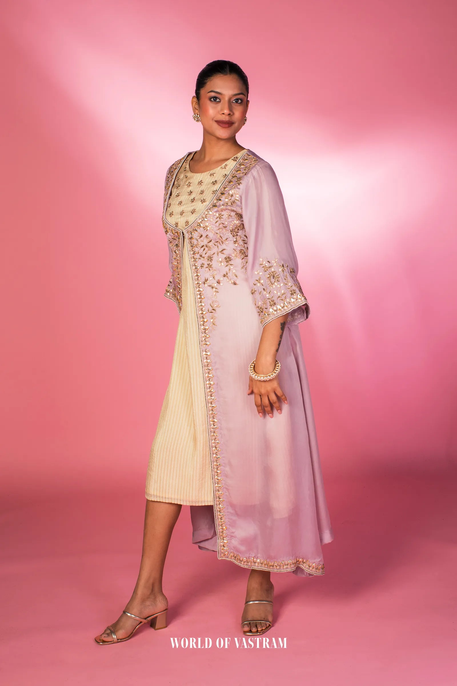Embroidered Lilac Layered Kurta Set