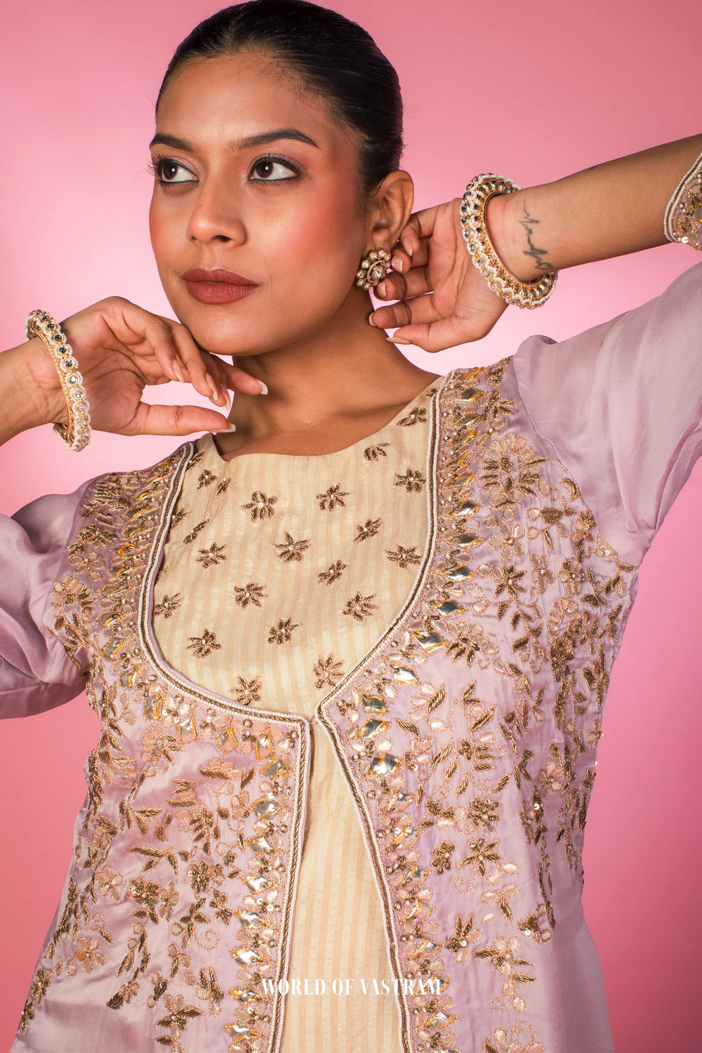 Embroidered Lilac Layered Kurta Set