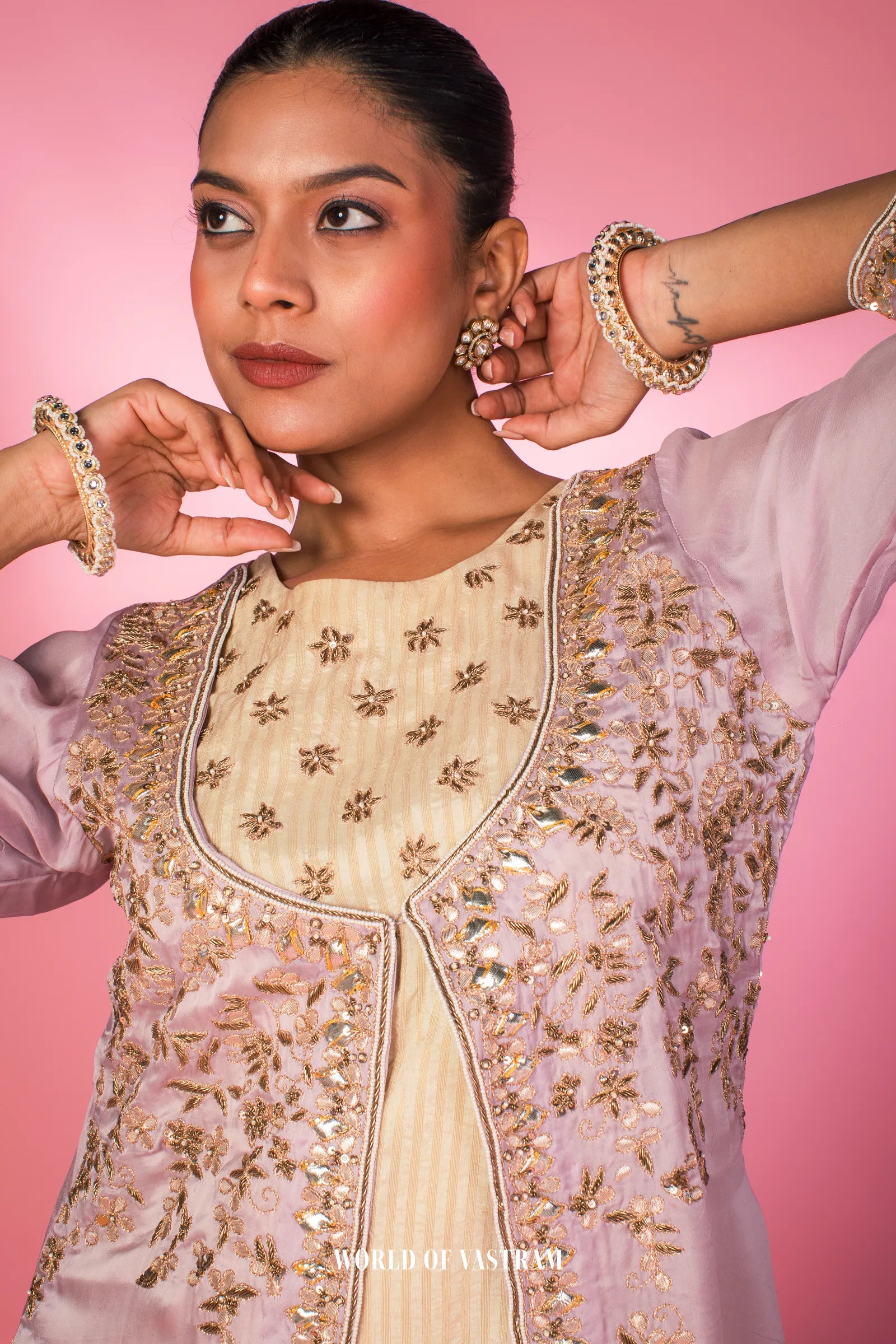 Embroidered Lilac Layered Kurta Set
