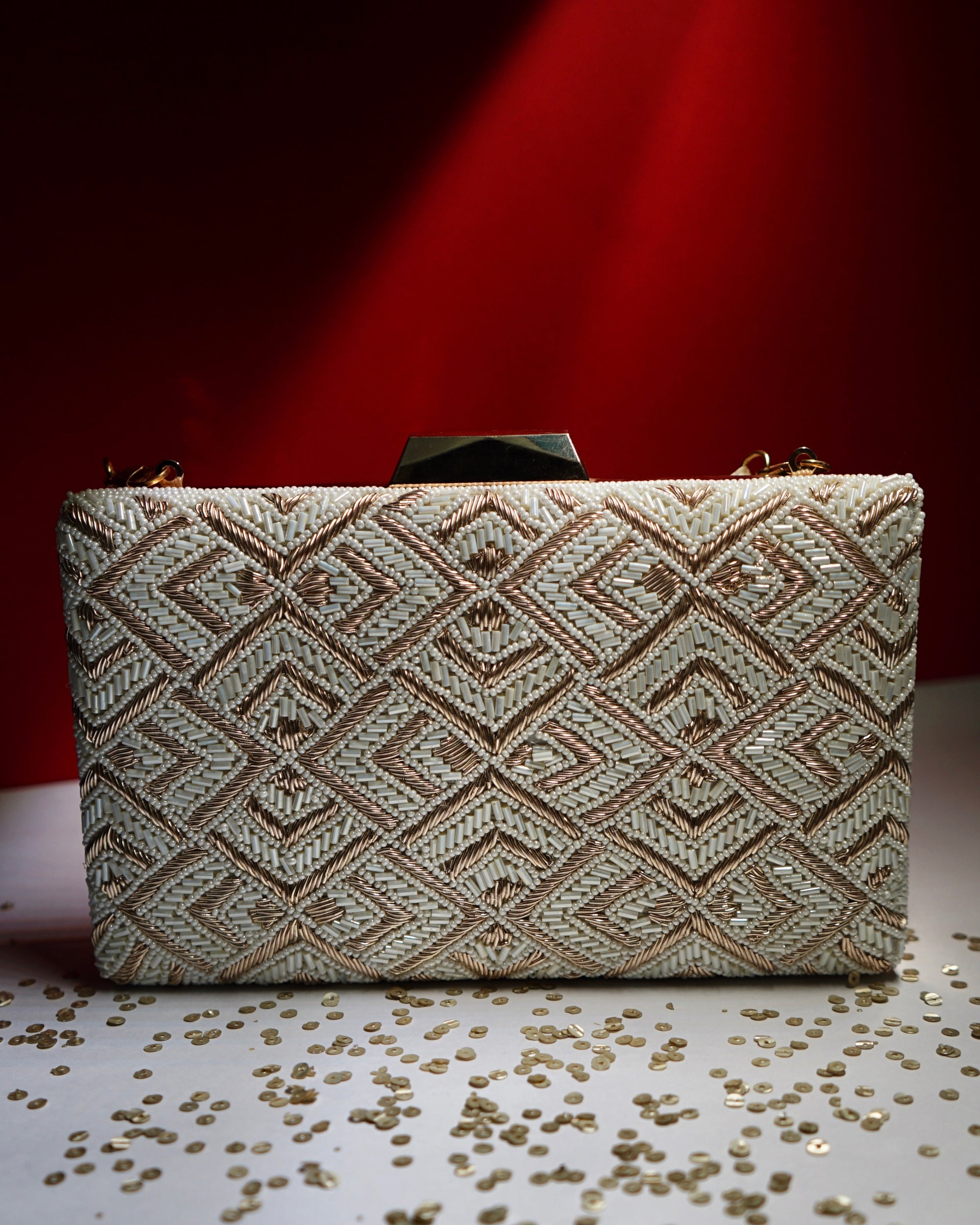 White and gold Beadwork Clutch