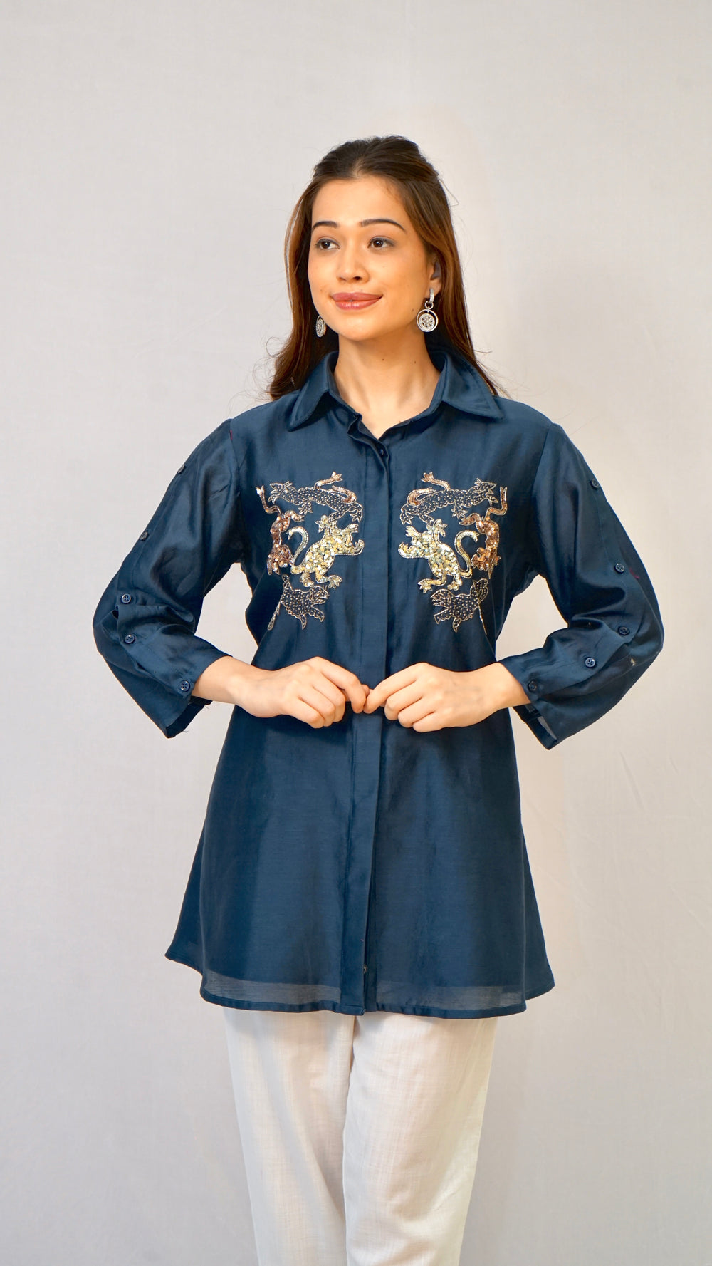 Teal blue chanderi silk top