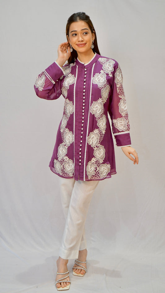 Vibrant Purple with White Cutwork Top