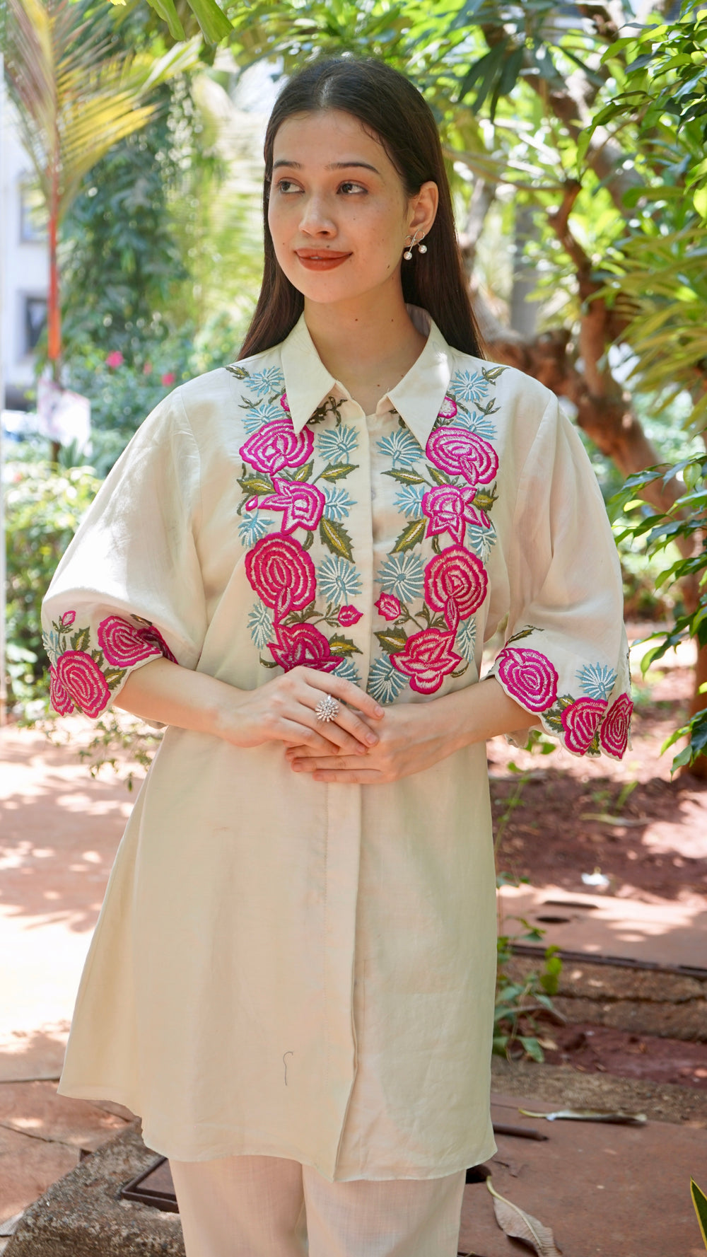 Shirt style top with embroidery