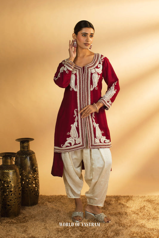 Wine Embroidered Kurta Set