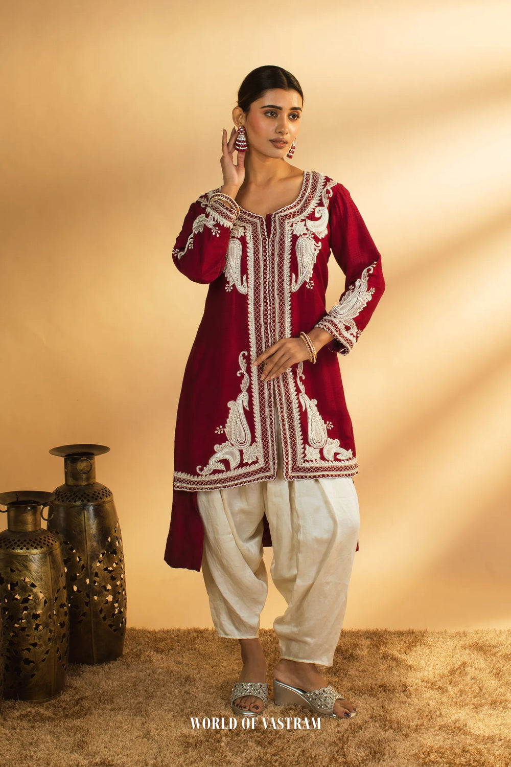 Wine Embroidered Kurta Set