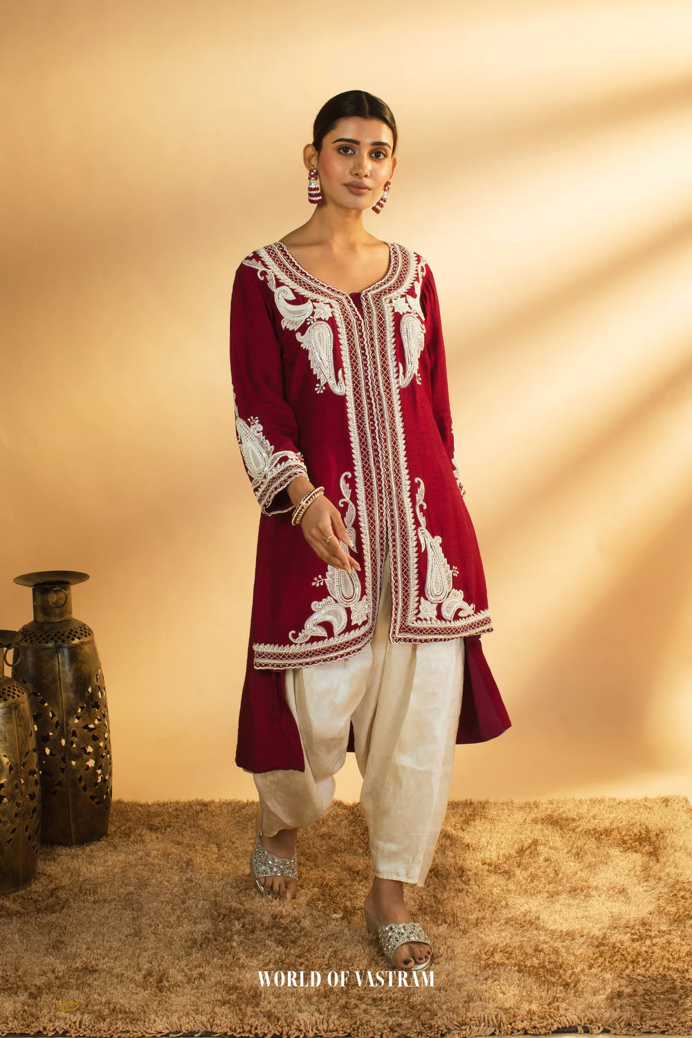 Wine Embroidered Kurta Set