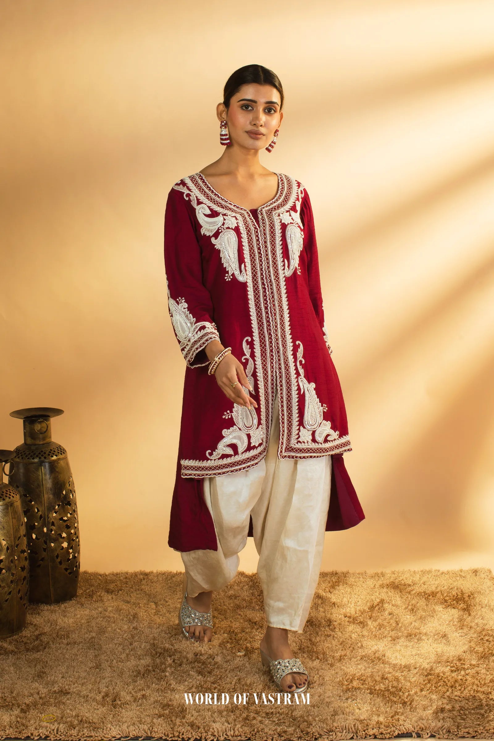 Wine Embroidered Kurta Set
