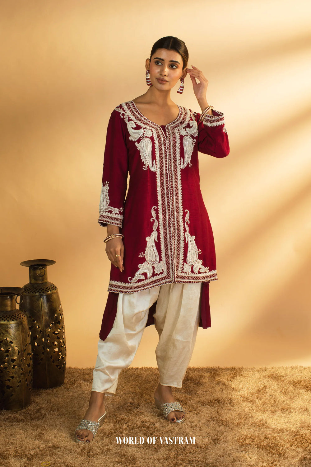 Wine Embroidered Kurta Set