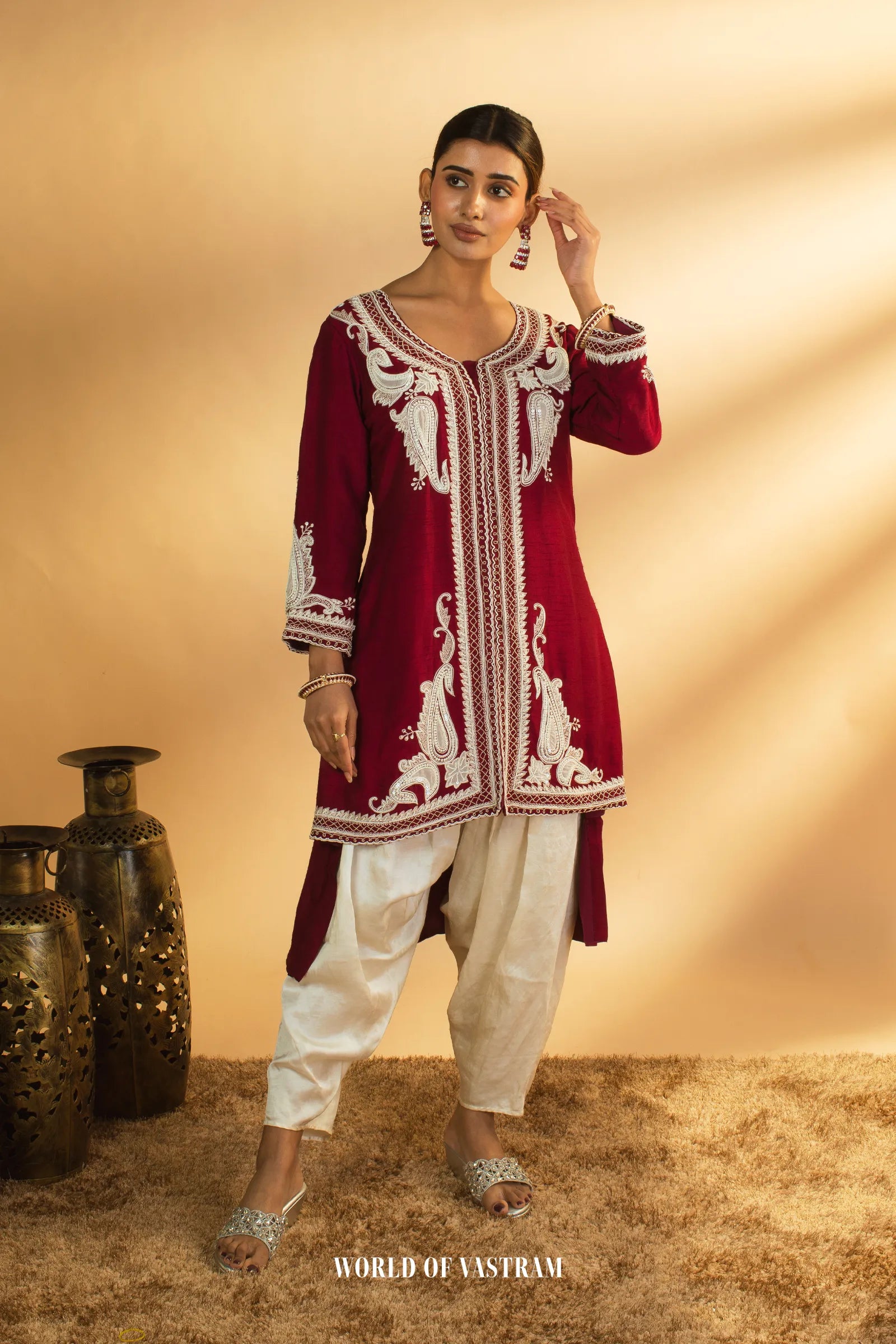 Wine Embroidered Kurta Set