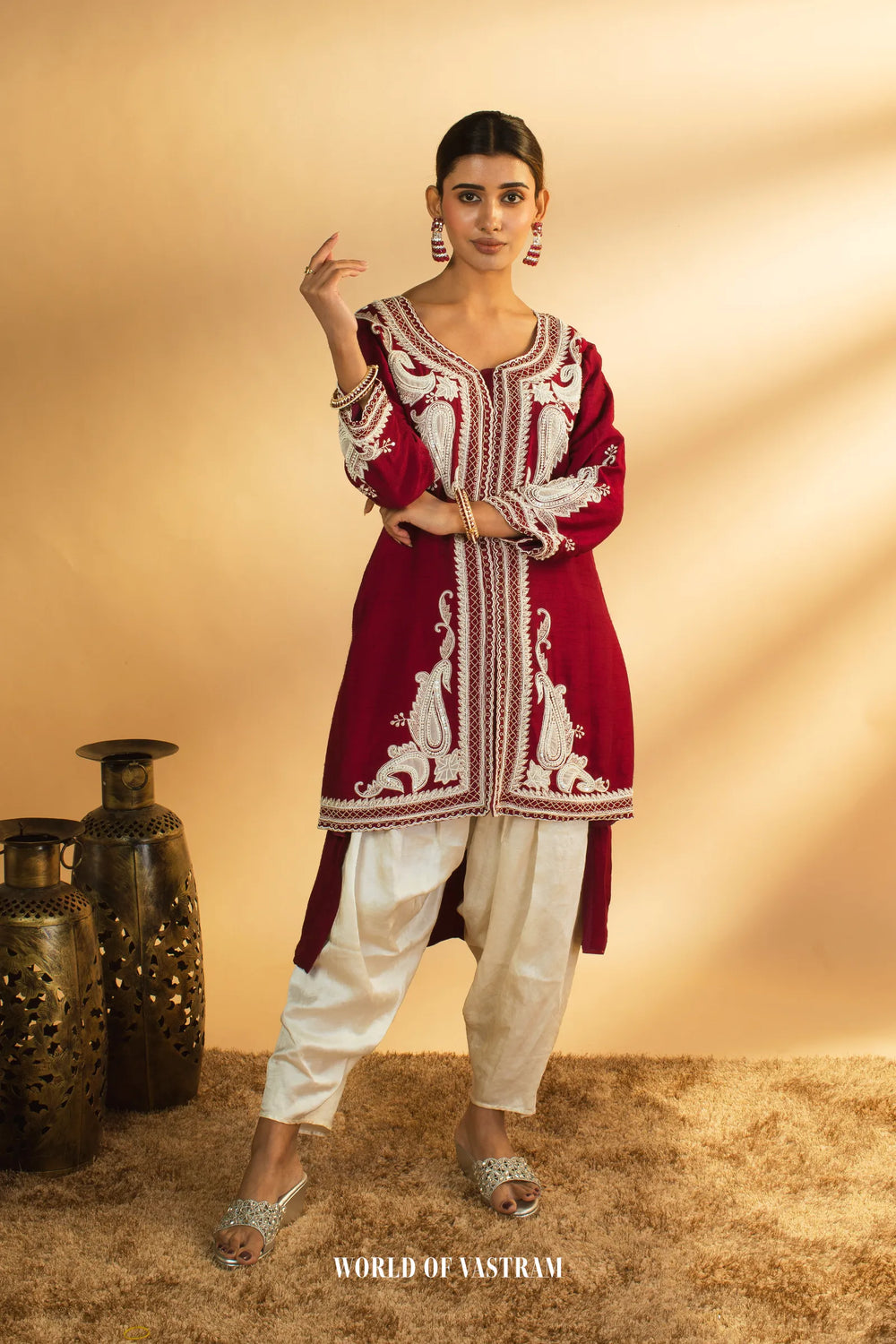 Wine Embroidered Kurta Set