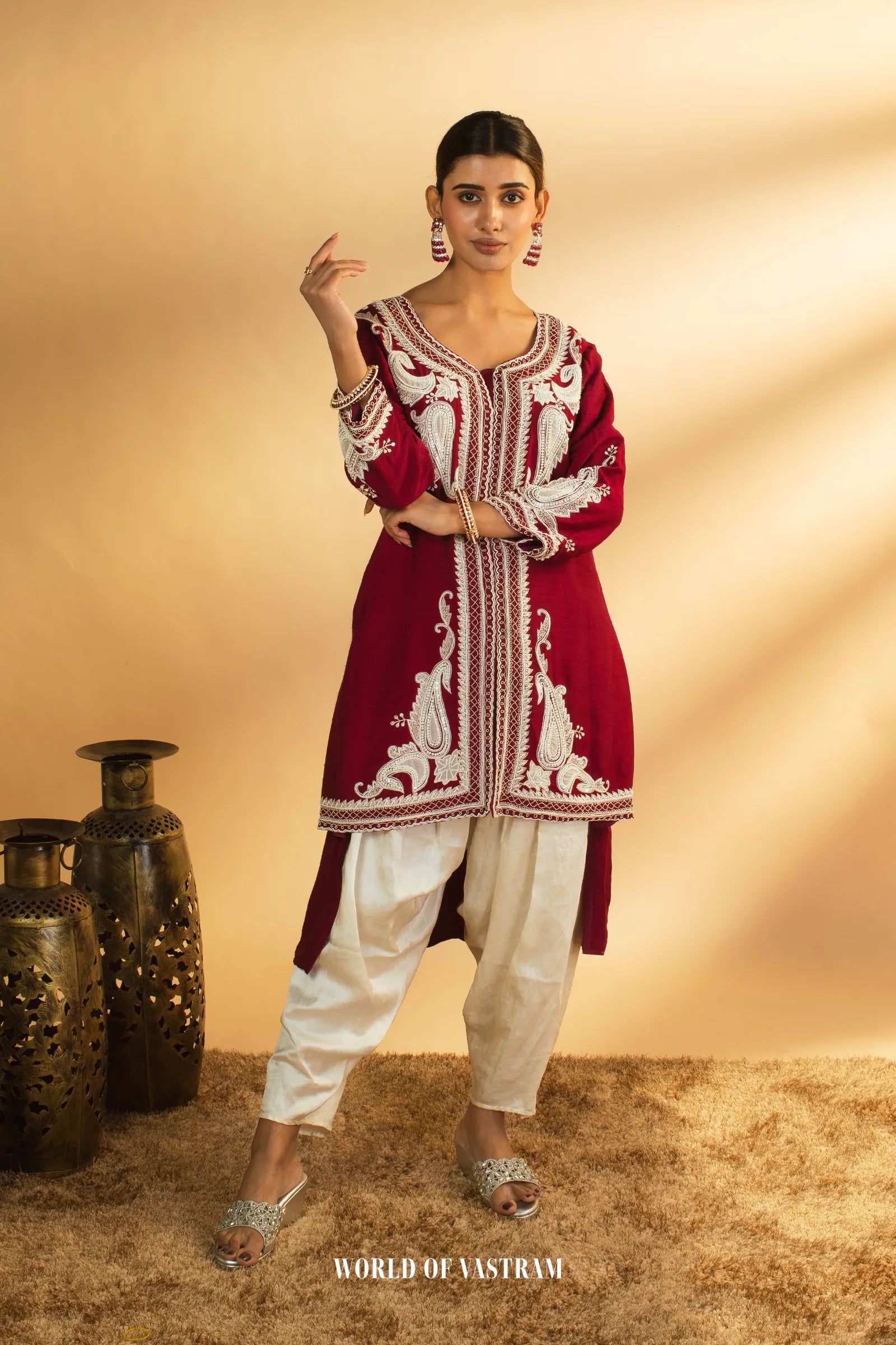 Wine Embroidered Kurta Set