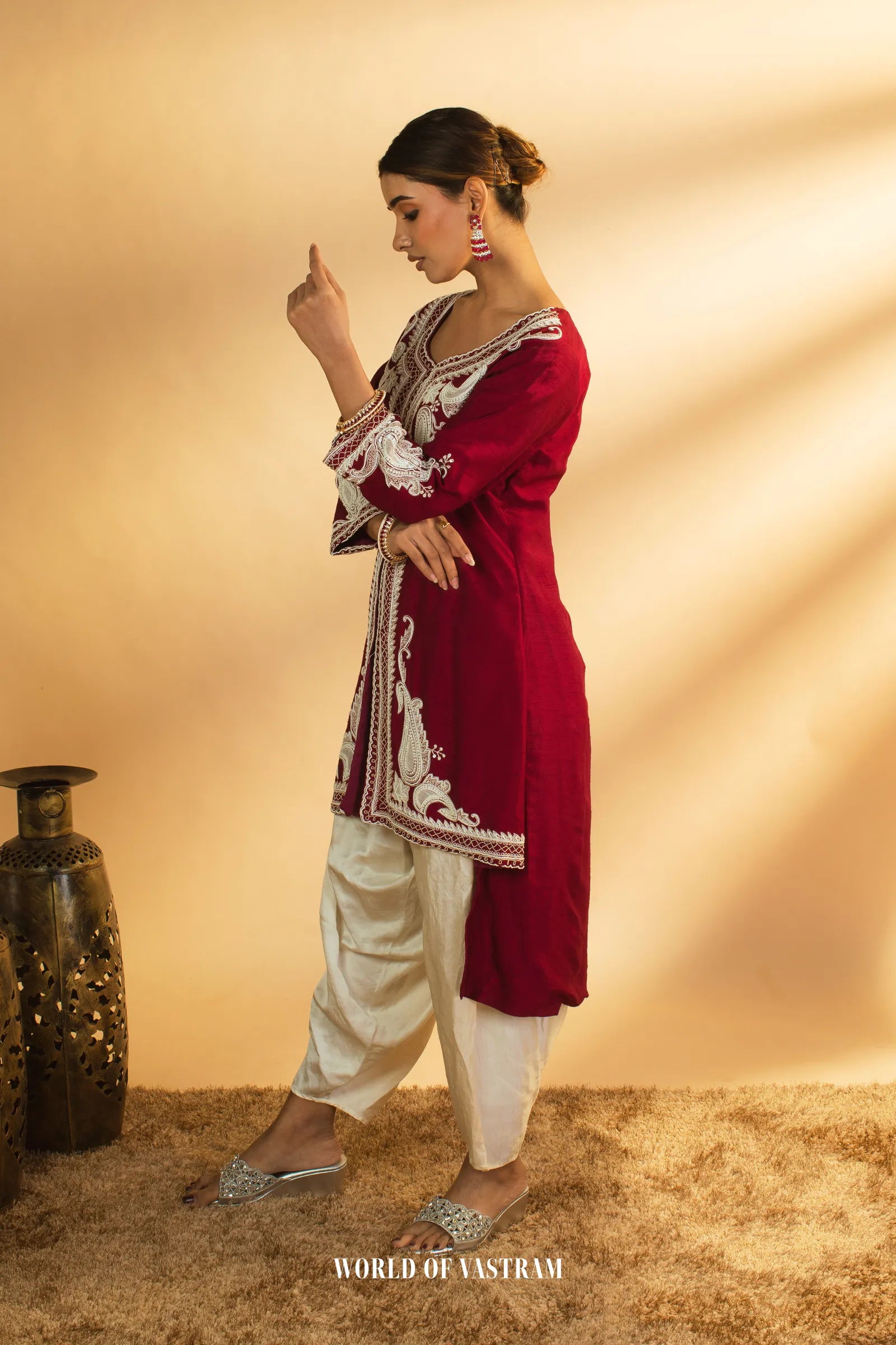 Wine Embroidered Kurta Set