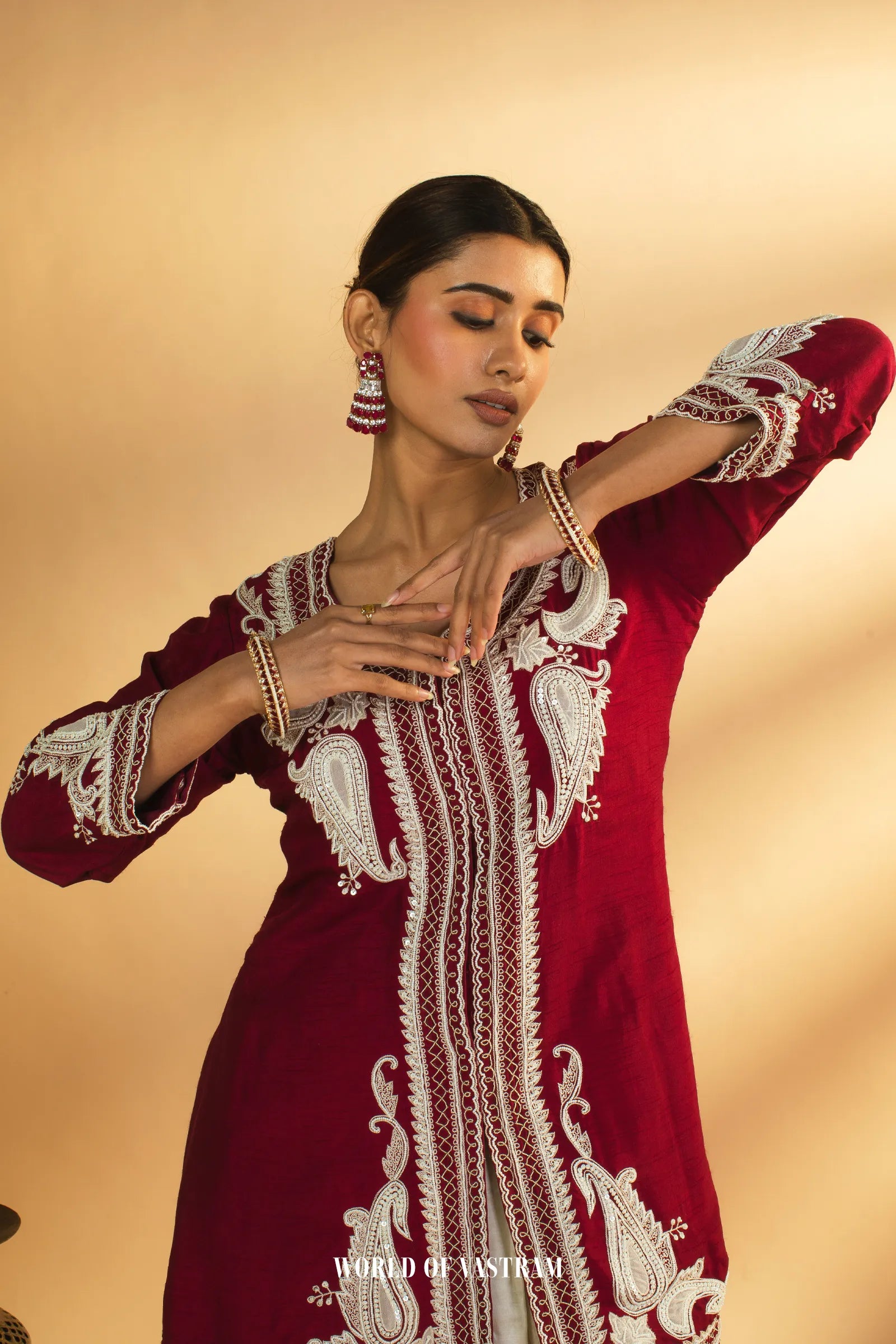 Wine Embroidered Kurta Set