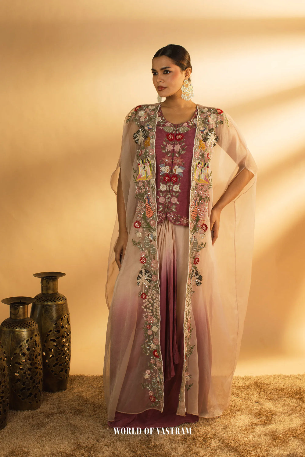 Embroidered Drape with Statement Cape