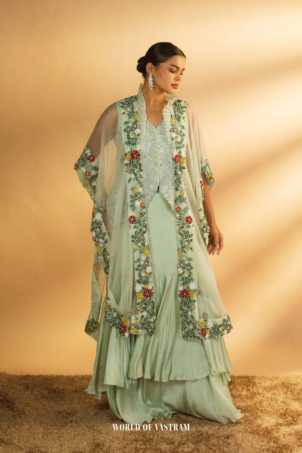 Mint Firdaus – Embroidered Cape Sharara Set