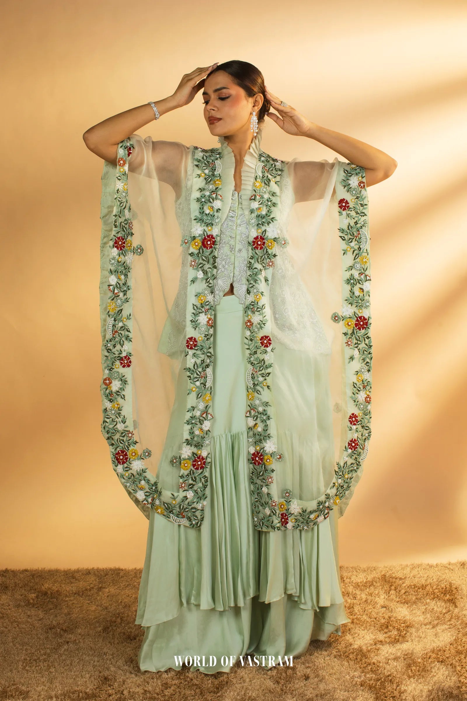 Mint Firdaus – Embroidered Cape Sharara Set