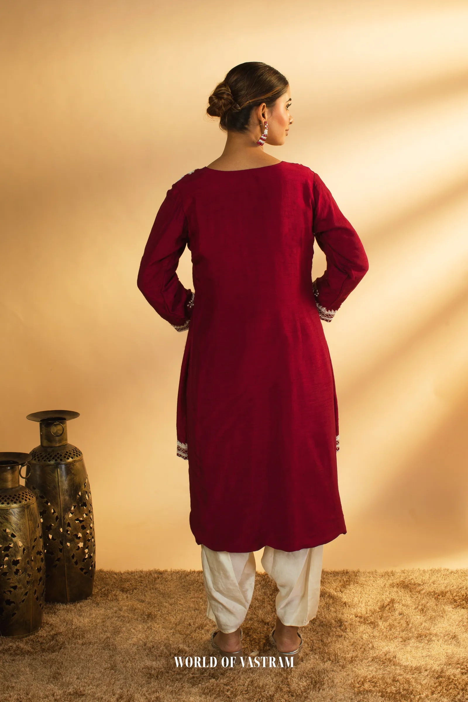 Wine Embroidered Kurta Set