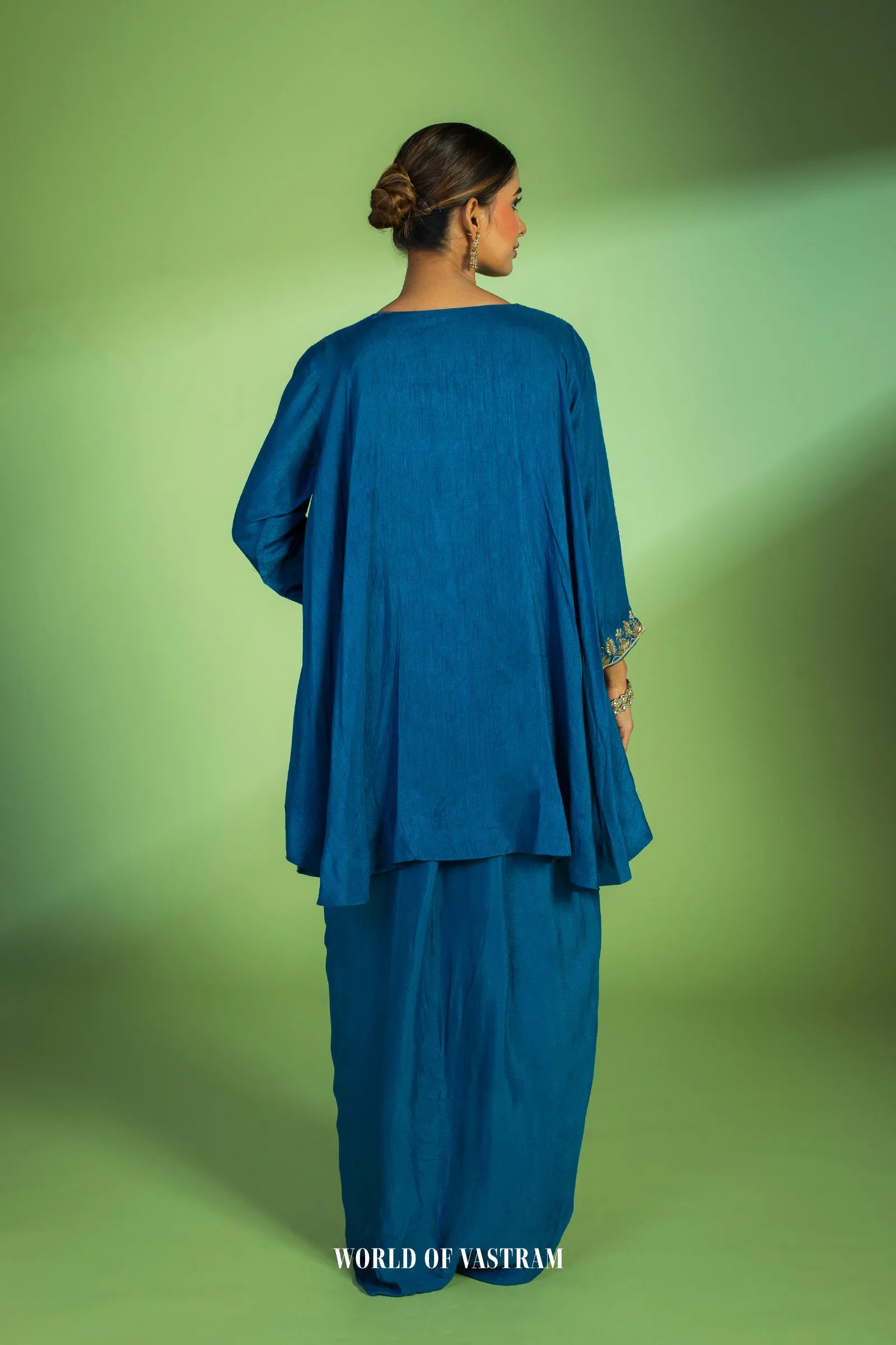 Deep Blue Flowy kurta with drape Skirt