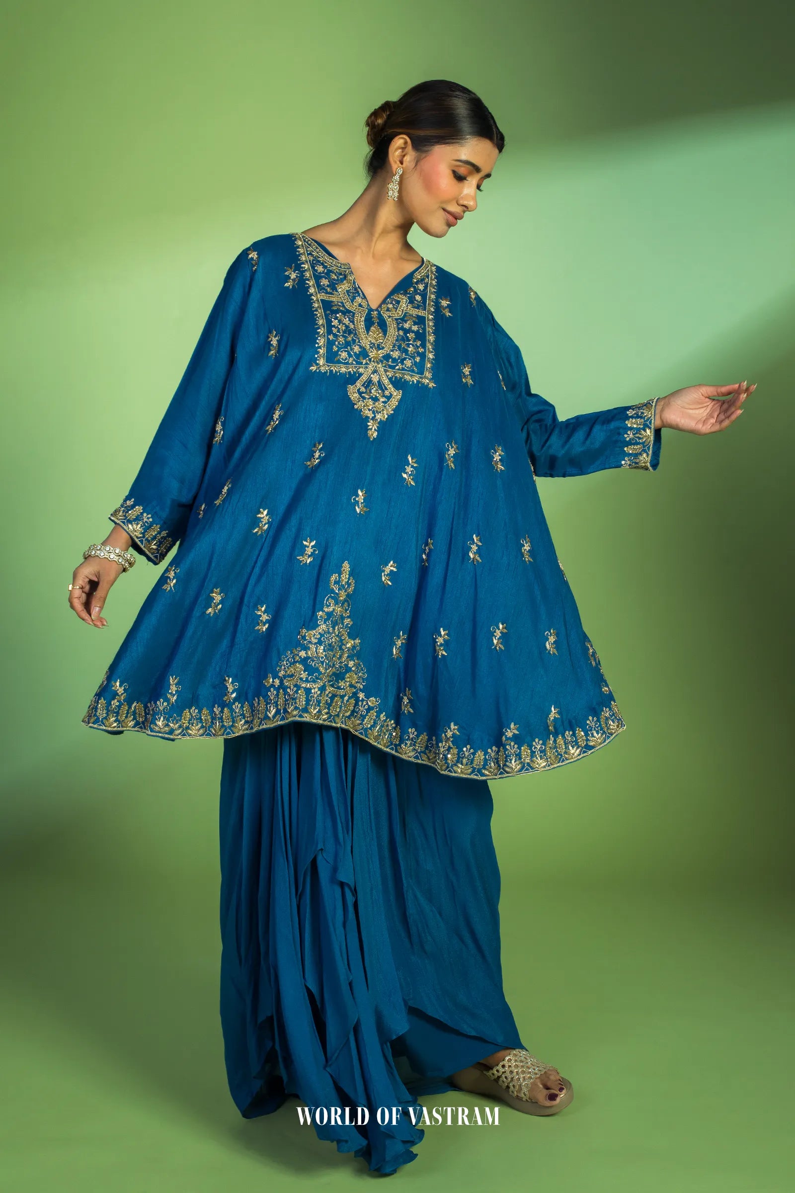 Deep Blue Flowy kurta with drape Skirt