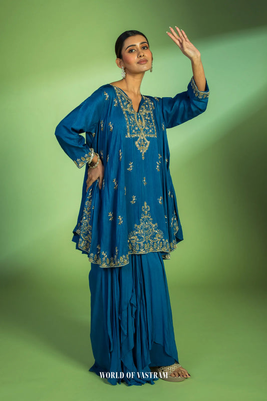 Deep Blue Flowy kurta with drape Skirt
