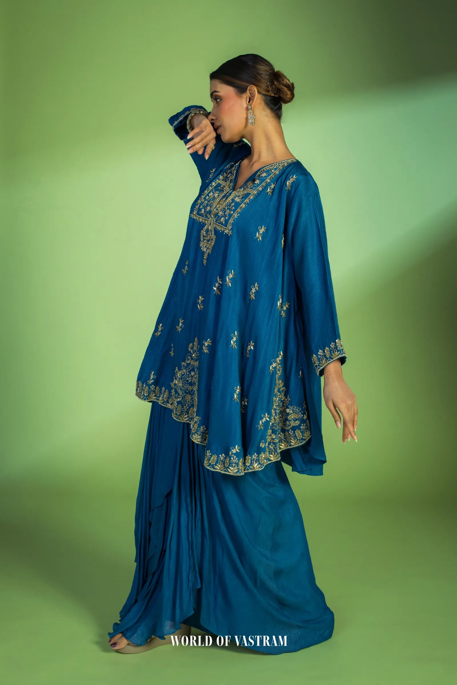 Deep Blue Flowy kurta with drape Skirt
